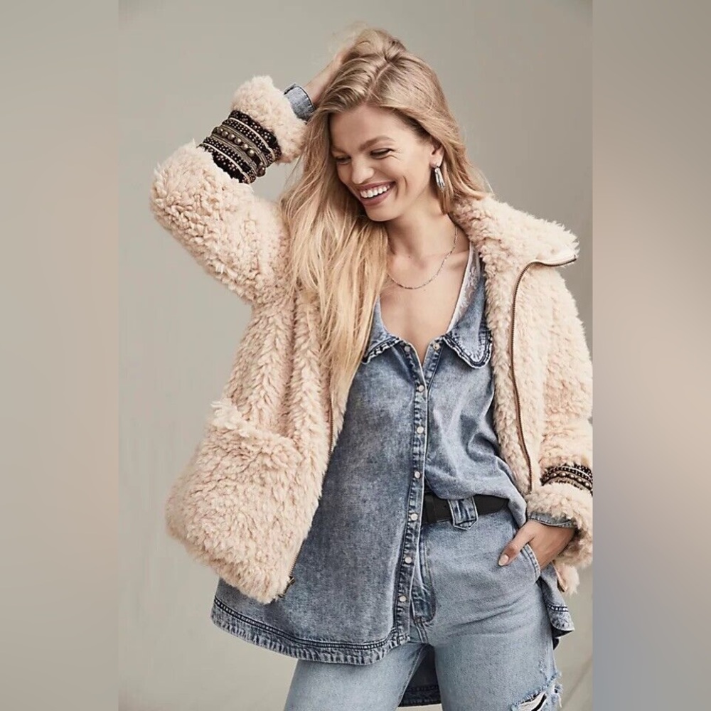 Free People! Angelina Embellished Sherpa Jacket Coat - Picture 14 of 16